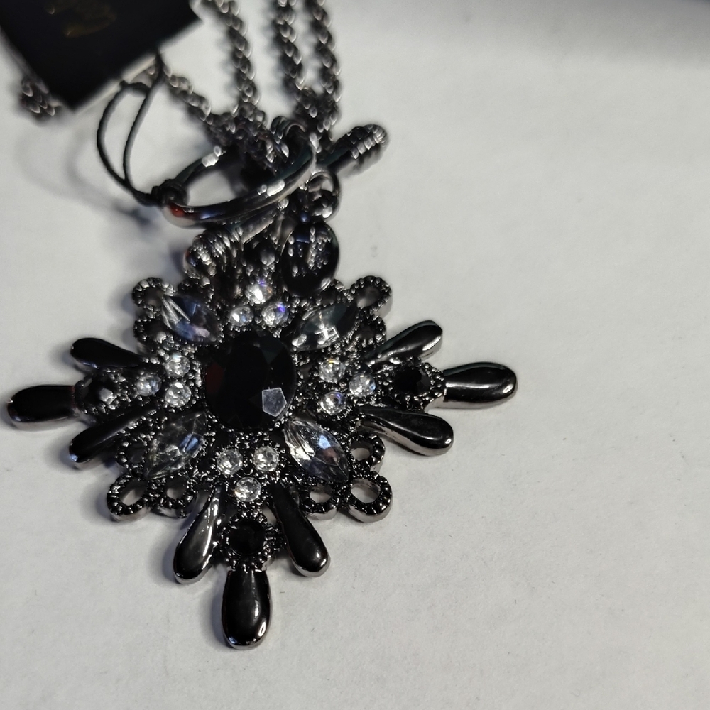 Cookie Lee Silver Necklace with Black and Clear Gem Pendant - Picture 2 of 4